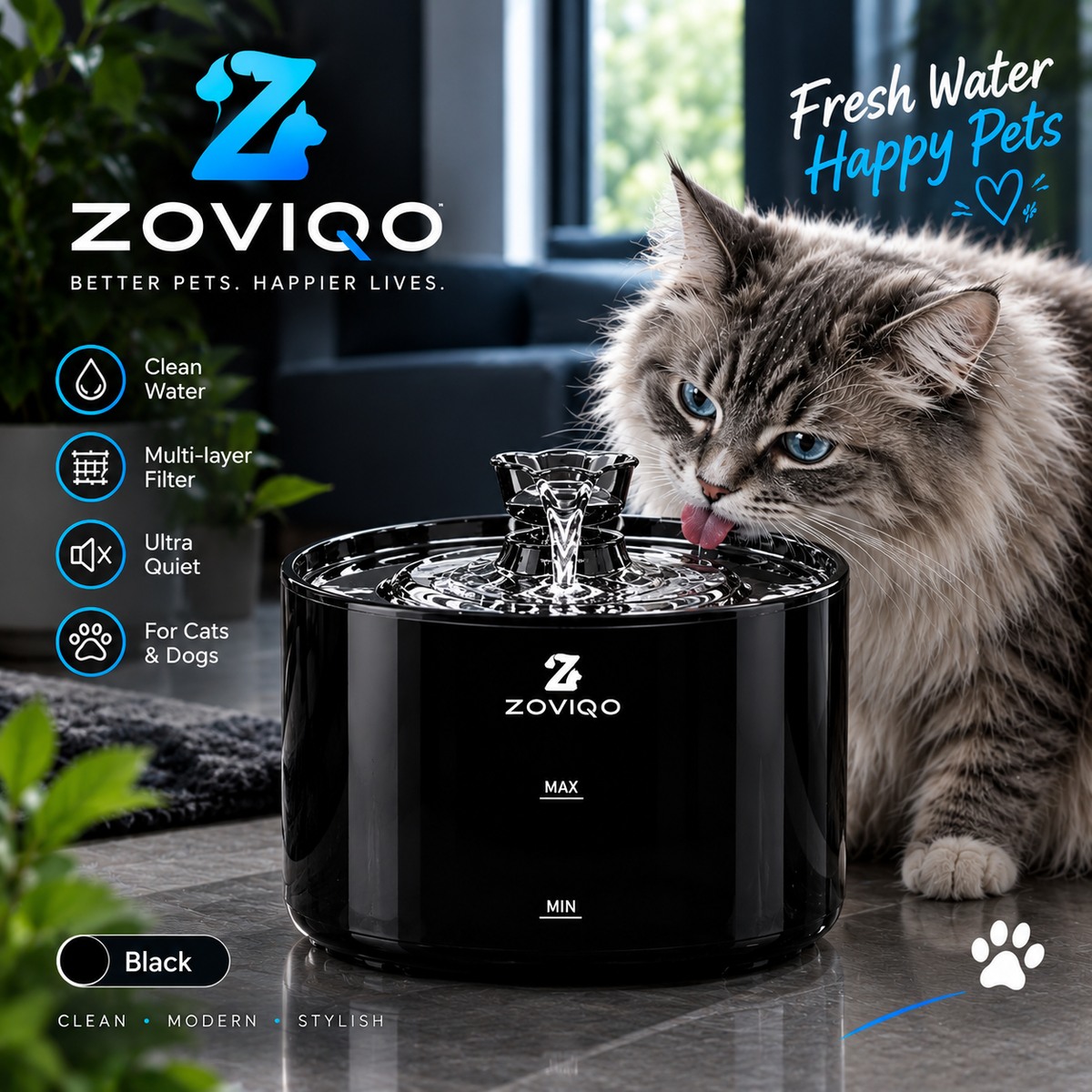 ZOVIQO™ SmartFlow Pet Water Fountain – 2.2L (74 oz)