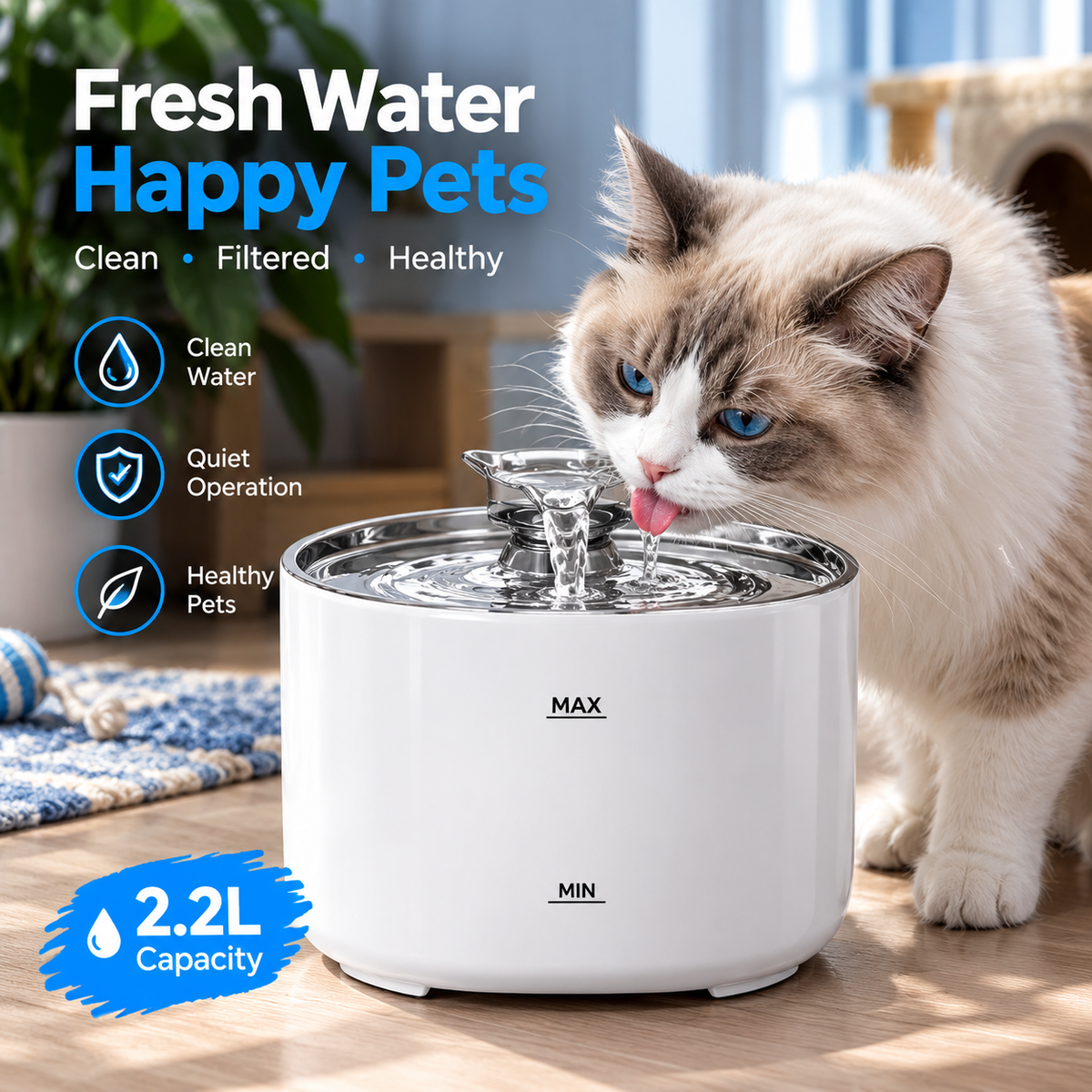 ZOVIQO™ SmartFlow Pet Water Fountain – 2.2L (74 oz)